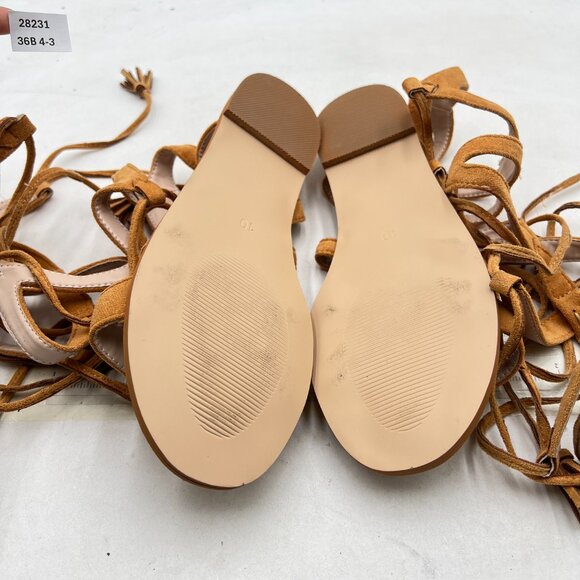 YDN Tan Sexy Knee High Lace up Flats Fringe Gladiator Strap Sandals - Picture 7 of 8